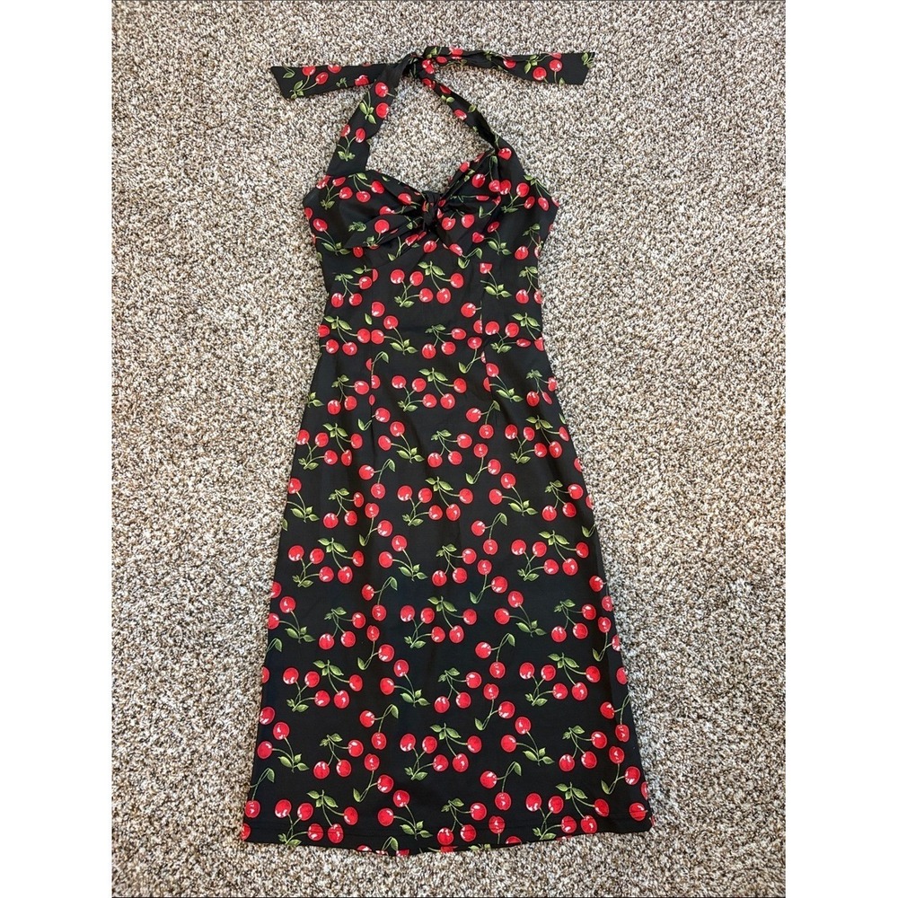 VINTAGE Cherry Morbid Threads Cotton Rockabilly Pin Up Halter Dress XS